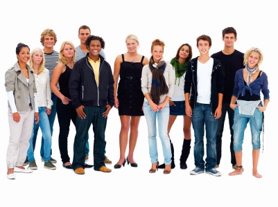 Group of happy friends standing against white background